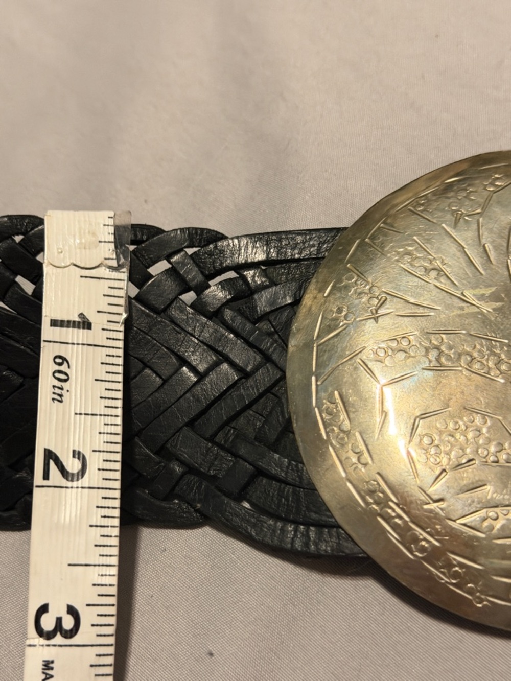 Vintage Wide Black Woven Leather Belt Gold Medallion Buckle Boho Western  M/L - Picture 7 of 9
